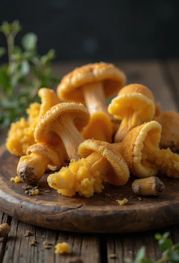 Cleaned and sliced Velvet Shank mushrooms arranged on a wooden chopping board