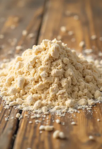 Wholemeal flour in a rustic bowl scattered on a wooden surface