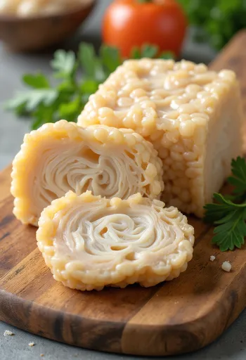 Sliced tempeh pieces on a wooden surface, grilled tempeh on a plate
