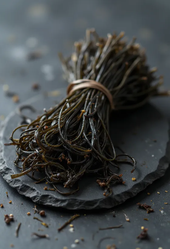 Dried Arame seaweed strands with rich brown colour.