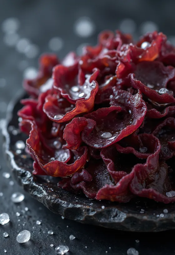 Dried Dulse seaweed with a reddish-purple hue and rich texture.