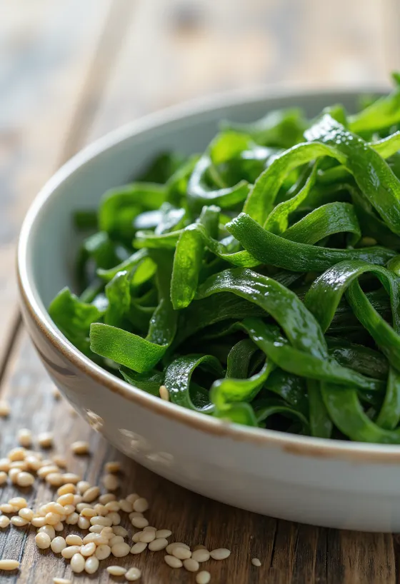 Dried Wakame seaweed pieces.