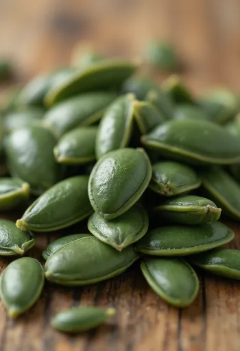 Pumpkin seeds, hulled and in shell, in wooden bowls