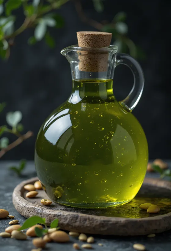 Dark green pumpkin seed oil in a bowl with whole pumpkin seeds