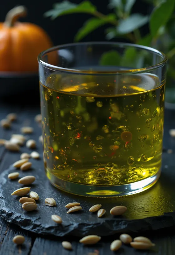 Pumpkin seed oil from hull-less seeds in a small bowl with green pumpkin seeds