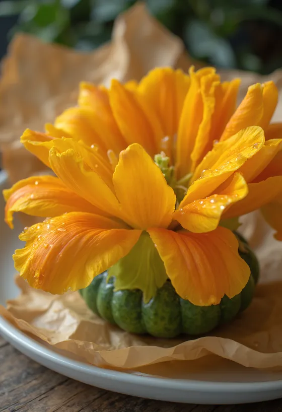 Fresh male courgette flowers on a white plate, prepared for culinary use