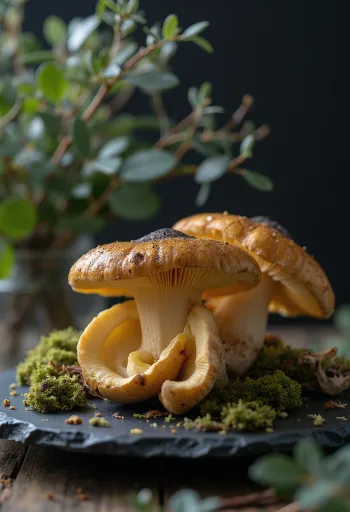 Fresh sliced Winter Chanterelle mushrooms served with herbs