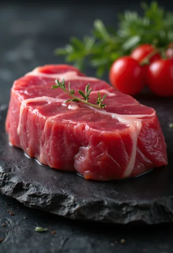 Fresh tuna steaks seasoned with herbs and lemon on a wooden board