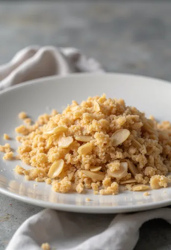Spelt bran in a ceramic bowl and scattered on a wooden kitchen surface
