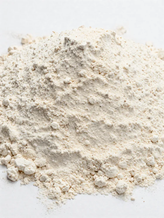 Spelt flour in a ceramic bowl, natural light brown shade