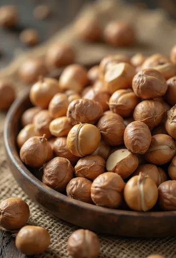 Blanched Turkish hazelnuts on white background, piled and halved