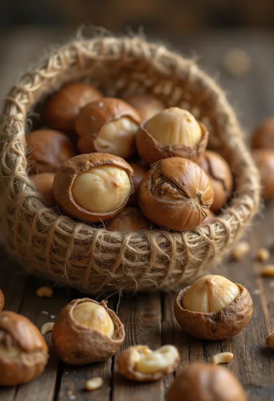 Blanched hazelnuts in a rustic bowl on a wooden surface