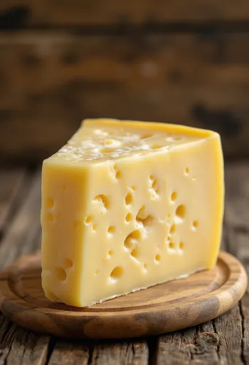 Fresh Trappist cheese in a white ceramic bowl on a wooden table