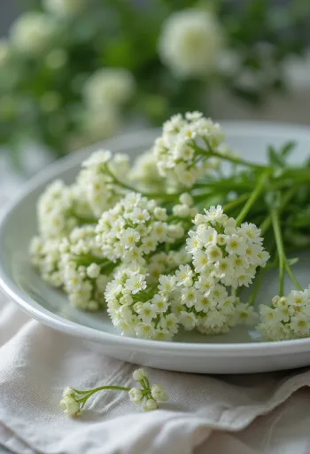 Chervil flower white blossoms on a white plate prepared for culinary use