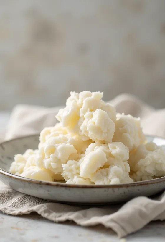Fresh white cow's milk curd in a ceramic bowl on a wooden surface