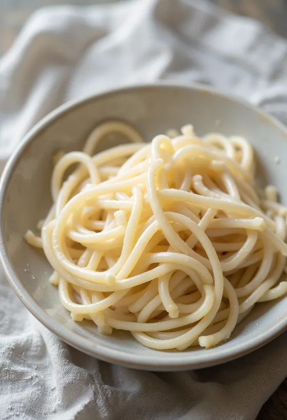 Dried Udon noodles in a rustic bowl on a wooden surface