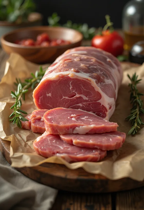 Raw wild boar loin slices on a wooden board with spices