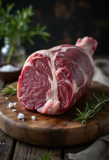 Raw wild boar leg meat with spices on a wooden board