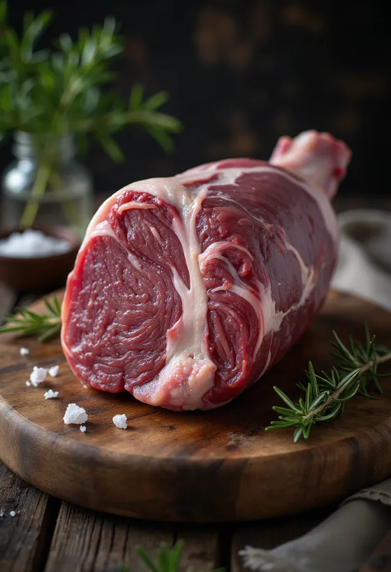 Raw wild boar leg meat with spices on a wooden board