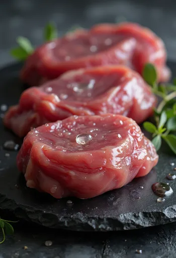 Raw wild duck meat fillets with spices on a wooden board