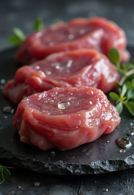 Raw wild duck meat fillets with spices on a wooden board