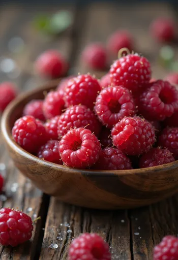 Fresh wild raspberry fruits whole and cut open for documentation purposes