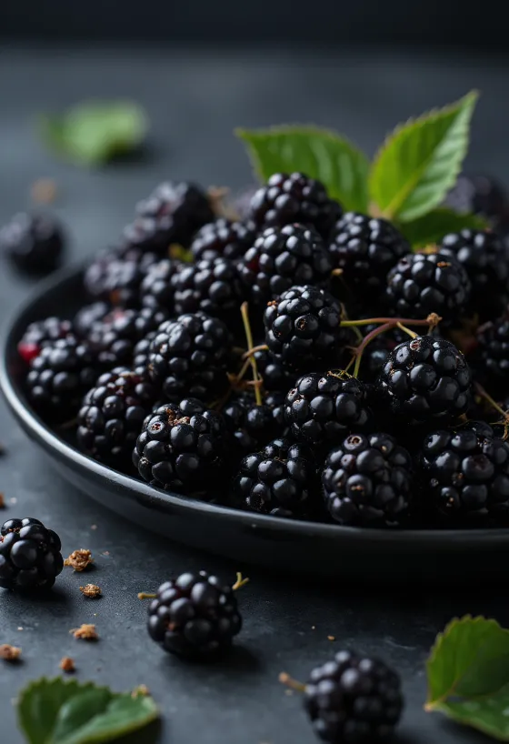 Fresh wild blackberry berries in dark colour, cut open and whole on neutral surface