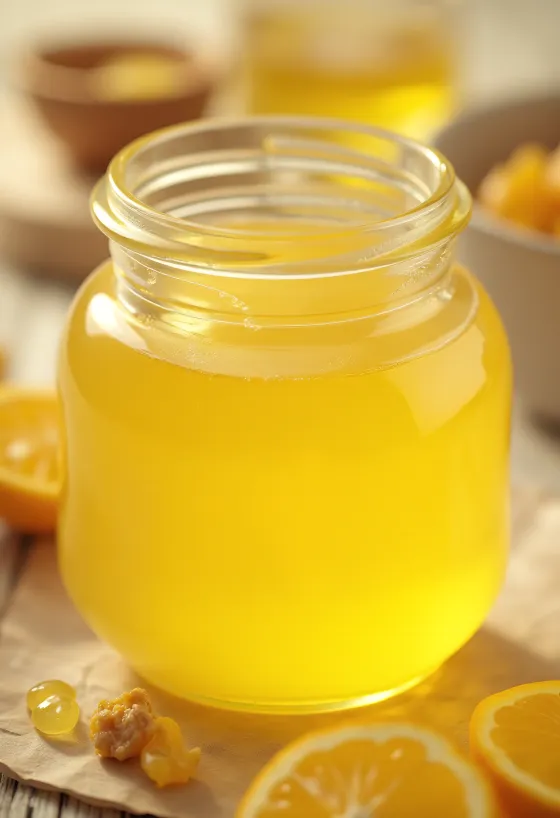 Ghee in a jar and on a spoon on a wooden board