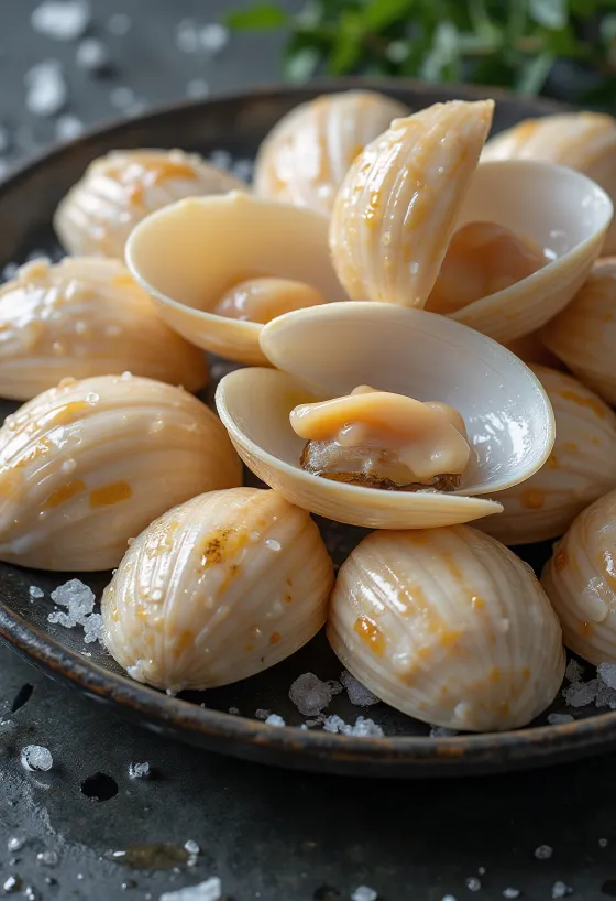Raw Venus clam meat on ice with lemon and parsley