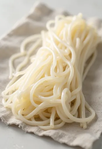 Dried vermicelli pasta nests on a wooden surface