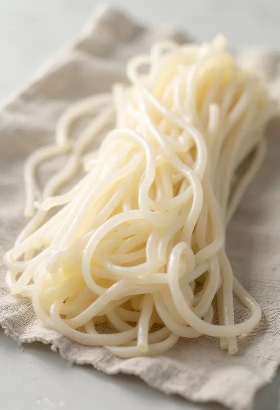 Dried vermicelli pasta nests on a wooden surface