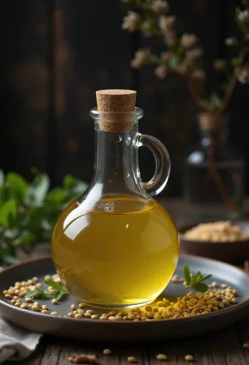 Light sesame oil in a small glass bowl surrounded by light sesame seeds