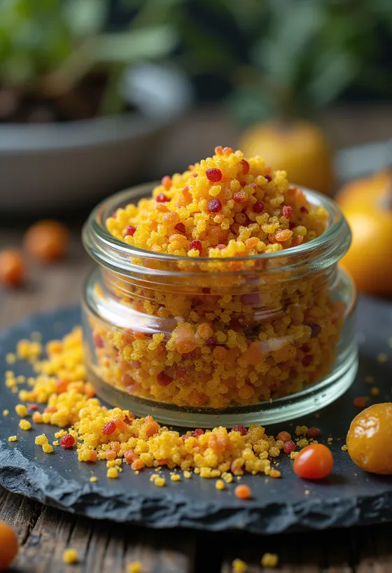 Colourful dried bee pollen granules in a bowl and scattered