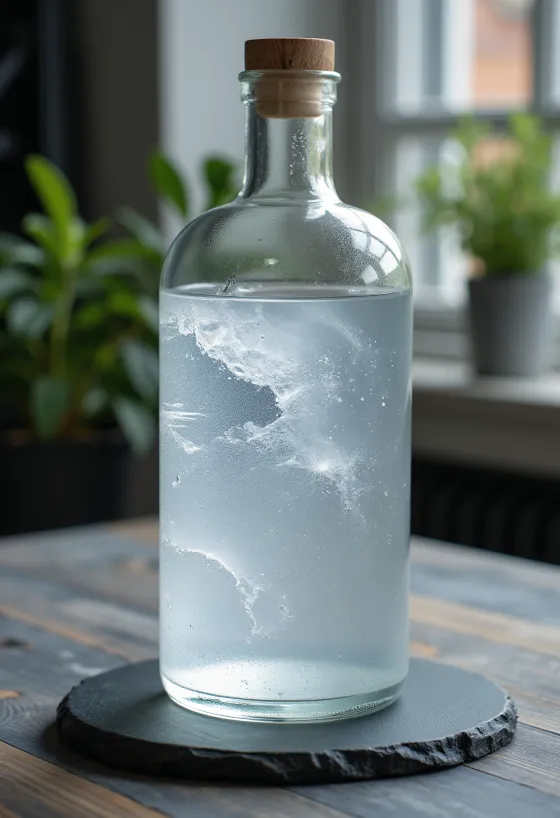 Clear vodka bottle and glass, with wheat, potatoes, and ice cubes