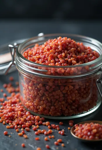 Dried red quinoa seeds with a rich, russet colour.