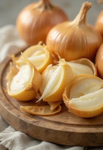 Whole and sliced red onions on a rustic surface