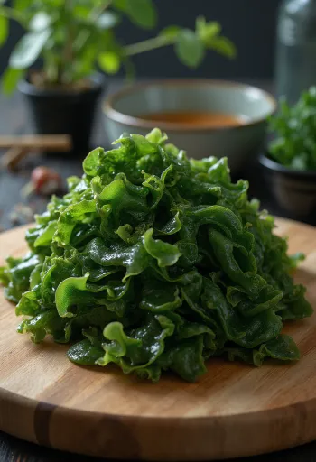 Dried wakame seaweed on a wooden surface and in a small bowl
