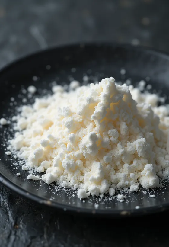 Xanthan gum powder in a small ceramic bowl with a wooden spoon, light background