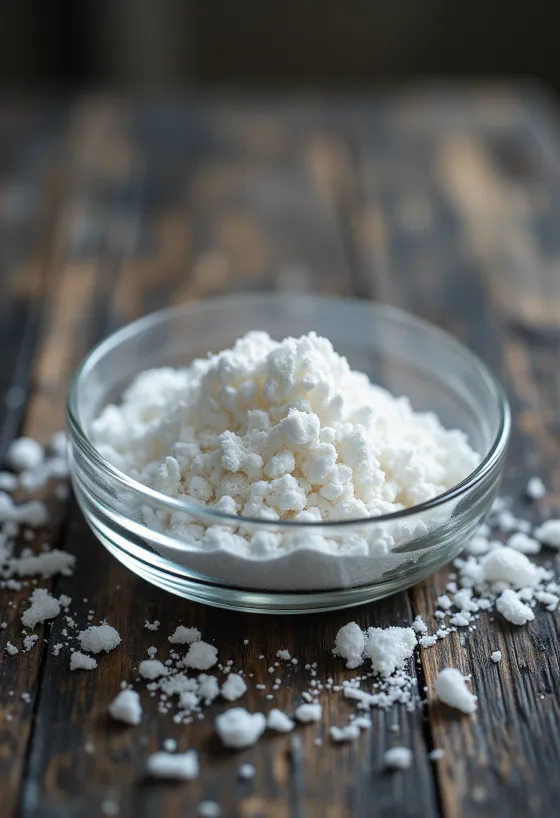 White crystalline xylitol sweetener in a small bowl with a wooden spoon
