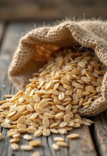 Cleaned oat groats in a small sack and scattered on wood