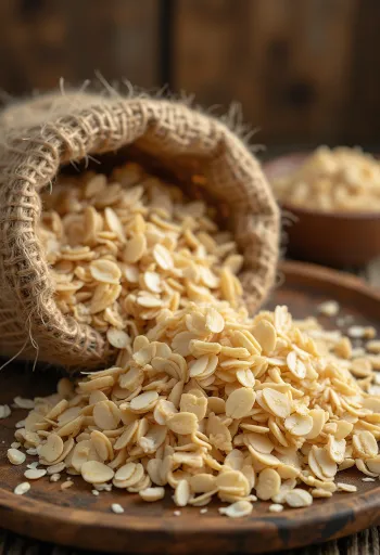 Oat bran in a ceramic bowl and scattered on a wooden kitchen surface