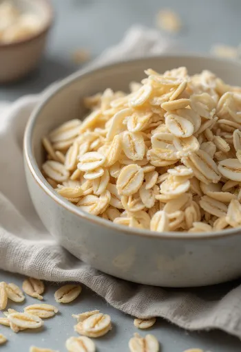 Raw rolled oats in a ceramic bowl scattered on wood