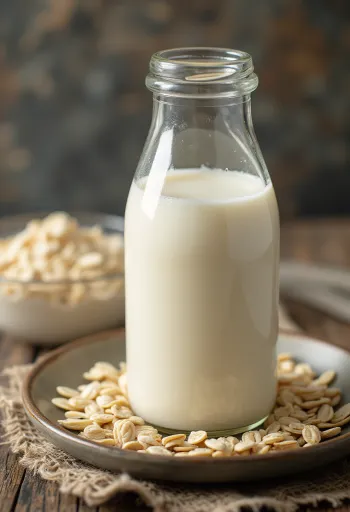 Oat milk pouring into a glass, with oats in a bowl and scattered nearby
