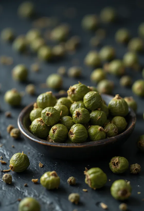 Whole green peppercorns in a ceramic bowl