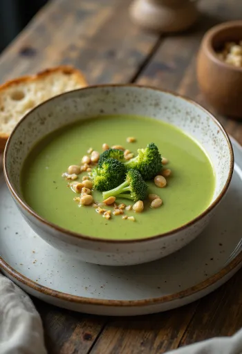 Creamy broccoli soup served with crunchy croutons