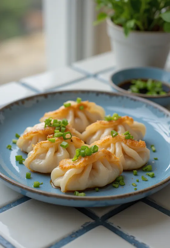 Japanese prawn gyoza in crispy bottomed dough, prawn filling, served with soy dipping sauce
