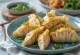 Japanese prawn gyoza in crispy bottomed dough, prawn filling, served with soy dipping sauce