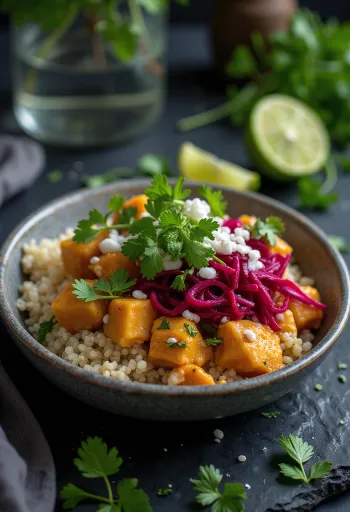 Beetroot Curry Tofu & Quinoa Buddha Bowl served