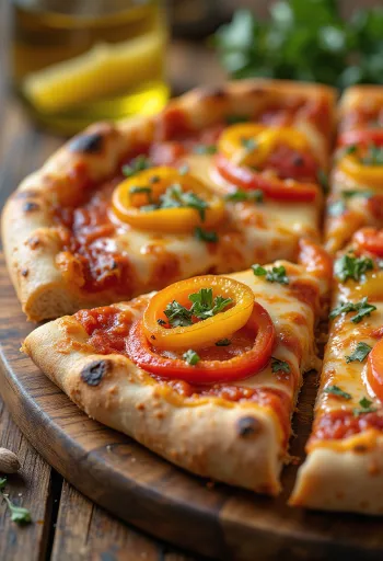 Pizza ai Peperoni with colourful peppers and mozzarella