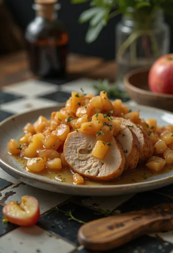 Pork loin served with apple compote and garnished with fresh thyme